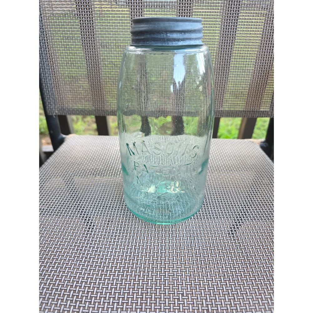 Antique Masons Patent Nov 30 1858 Aqua Blue Glass Half Gallon Fruit Jar Zinc Lid